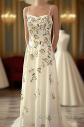 Sexy A Line Spaghetti Straps Ivory Floral Satin Evening Prom Dresses Birthday Outfits Evening Gown